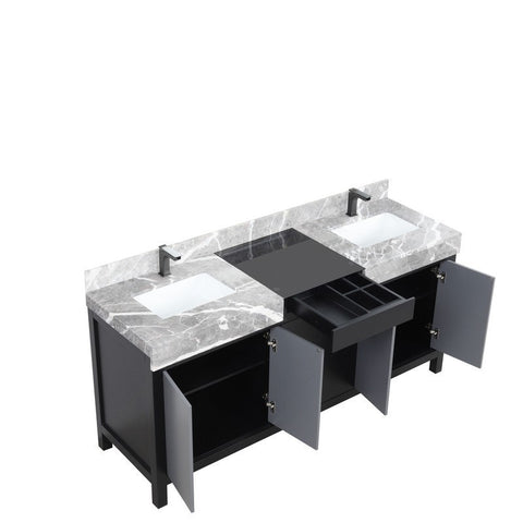 Image of Zilara 72" Black and Grey Double Vanity, Marble Top, and Balzani Gun Metal Faucet Set | LZ342272DLISFBG