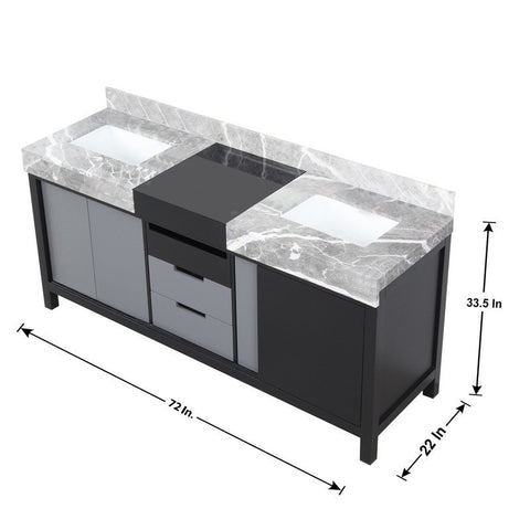 Image of Zilara 72" Black and Grey Double Vanity, Marble Top, and Cascata Nera Matte Black Faucet Set | LZ342272DLISFCM