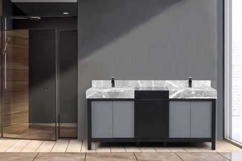 Image of Zilara 72" Black and Grey Double Vanity, Marble Top, and Cascata Nera Matte Black Faucet Set | LZ342272DLISFCM