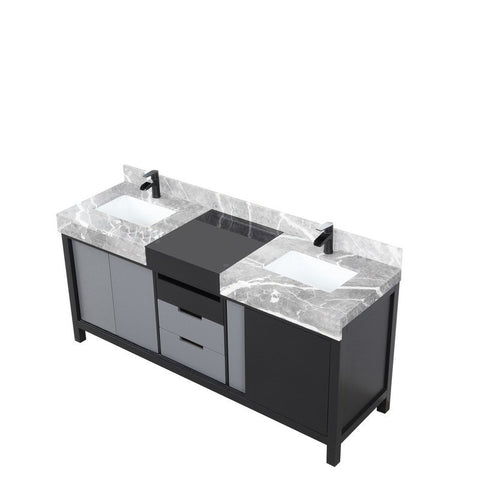 Image of Zilara 72" Black and Grey Double Vanity, Marble Top, and Cascata Nera Matte Black Faucet Set | LZ342272DLISFCM