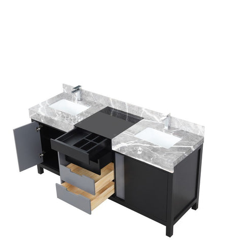 Image of Zilara 72" Black and Grey Double Vanity, Castle Grey Marble Top, and Monte Chrome Faucet Set | LZ342272DLISFMC