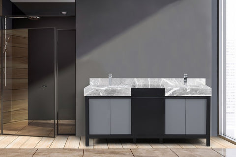 Image of Zilara 72" Black and Grey Double Vanity, Castle Grey Marble Top, and Monte Chrome Faucet Set | LZ342272DLISFMC