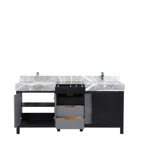 Image of Zilara 72" Black and Grey Double Vanity, Castle Grey Marble Top, and Monte Chrome Faucet Set | LZ342272DLISFMC