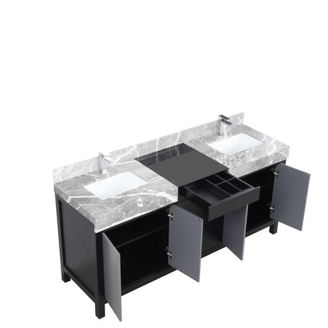 Image of Zilara 72" Black and Grey Double Vanity, Castle Grey Marble Top, and Monte Chrome Faucet Set | LZ342272DLISFMC