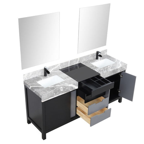 Image of Zilara 72" Black and Grey Double Vanity Set, Marble Top, Cascata Nera Matte Black Faucet Set | LZ342272DLISM28FCM