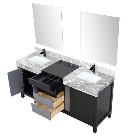 Image of Zilara 72" Black and Grey Double Vanity Set, Marble Top, Cascata Nera Matte Black Faucet Set | LZ342272DLISM28FCM