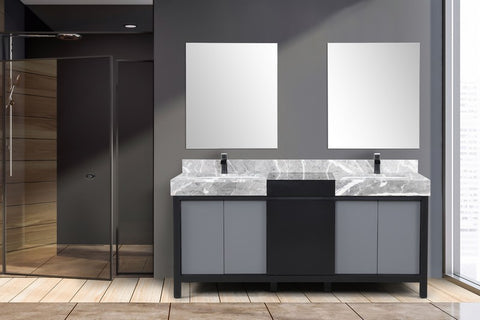 Image of Zilara 72" Black and Grey Double Vanity Set, Marble Top, Cascata Nera Matte Black Faucet Set | LZ342272DLISM28FCM