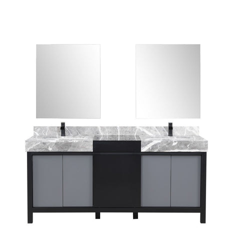 Image of Zilara 72" Black and Grey Double Vanity Set, Marble Top, Cascata Nera Matte Black Faucet Set | LZ342272DLISM28FCM