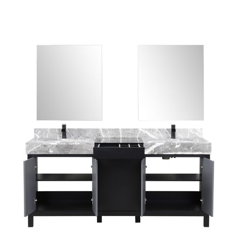 Image of Zilara 72" Black and Grey Double Vanity Set, Marble Top, Cascata Nera Matte Black Faucet Set | LZ342272DLISM28FCM