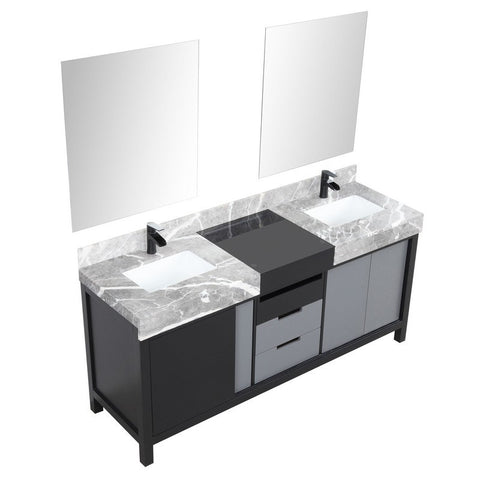 Image of Zilara 72" Black and Grey Double Vanity Set, Marble Top, Cascata Nera Matte Black Faucet Set | LZ342272DLISM28FCM