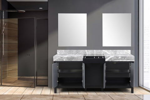 Image of Zilara 72" Black and Grey Double Vanity, Castle Grey Marble Top, and 28" Frameless Mirror | LZ342272DLISM28