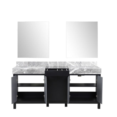 Image of Zilara 72" Black and Grey Double Vanity, Castle Grey Marble Top, and 28" Frameless Mirror | LZ342272DLISM28