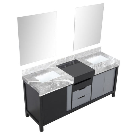 Image of Zilara 72" Black and Grey Double Vanity, Castle Grey Marble Top, and 28" Frameless Mirror | LZ342272DLISM28