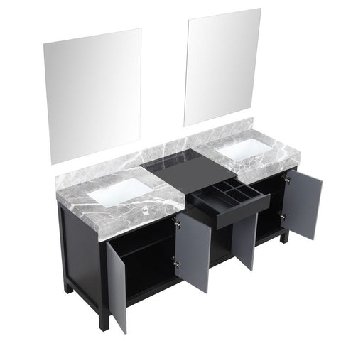 Image of Zilara 72" Black and Grey Double Vanity, Castle Grey Marble Top, and 28" Frameless Mirror | LZ342272DLISM28