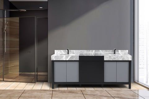 Image of Zilara 80" Black and Grey Double Vanity, Marble Top, and Balzani Gun Metal Faucet Set | LZ342280DLISFBG