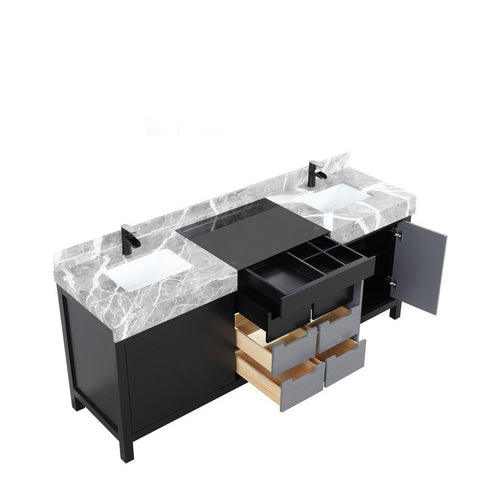 Image of Zilara 80" Black and Grey Double Vanity, Marble Top, Cascata Nera Matte Black Faucet Set | LZ342280DLISFCM