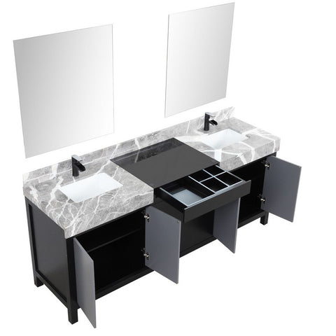 Image of Zilara 80" Black and Grey Double Vanity Set, Marble Top, Cascata Nera Matte Black Faucet Set | LZ342280DLISM30FCM