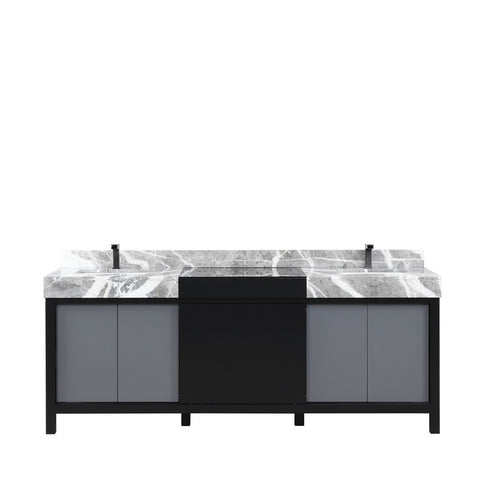 Image of Zilara 84" Black and Grey Double Vanity, Marble Top, and Balzani Gun Metal Faucet Set | LZ342284DLISFBG