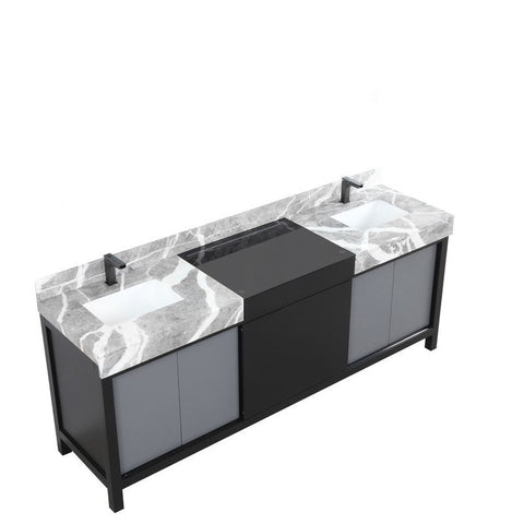 Image of Zilara 84" Black and Grey Double Vanity, Marble Top, and Balzani Gun Metal Faucet Set | LZ342284DLISFBG