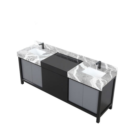 Image of Zilara 84" Black and Grey Double Vanity, Marble Top, and Balzani Gun Metal Faucet Set | LZ342284DLISFBG