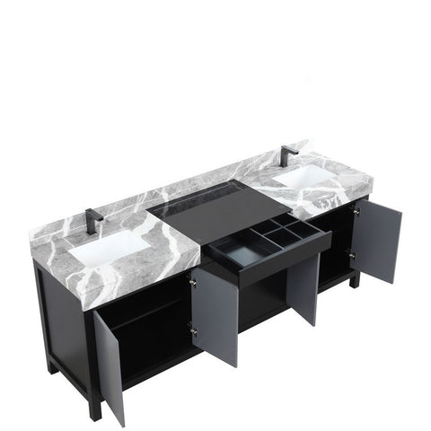 Image of Zilara 84" Black and Grey Double Vanity, Marble Top, and Balzani Gun Metal Faucet Set | LZ342284DLISFBG