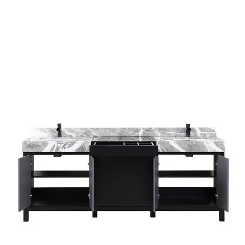 Image of Zilara 84" Black and Grey Double Vanity, Marble Top, Cascata Nera Matte Black Faucet Set | LZ342284DLISFCM