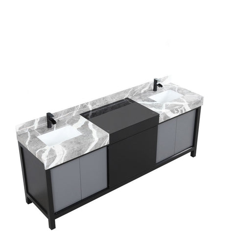 Image of Zilara 84" Black and Grey Double Vanity, Marble Top, Cascata Nera Matte Black Faucet Set | LZ342284DLISFCM