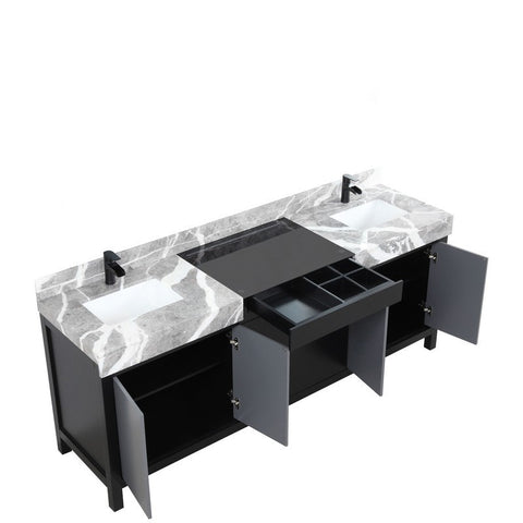 Image of Zilara 84" Black and Grey Double Vanity, Marble Top, Cascata Nera Matte Black Faucet Set | LZ342284DLISFCM