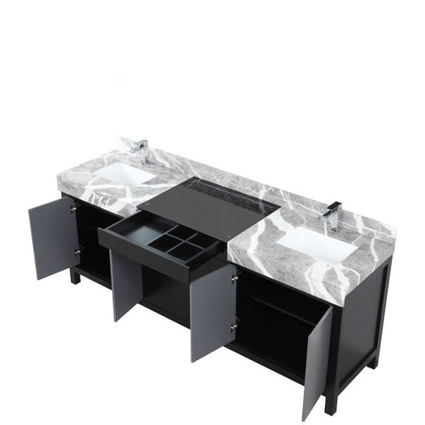 Image of Zilara 84" Black and Grey Double Vanity, Castle Grey Marble Top, and Monte Chrome Faucet Set | LZ342284DLISFMC