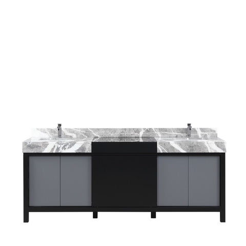 Image of Zilara 84" Black and Grey Double Vanity, Castle Grey Marble Top, and Monte Chrome Faucet Set | LZ342284DLISFMC