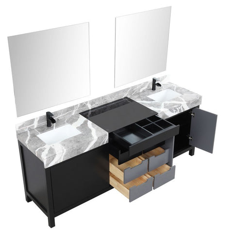 Image of Zilara 84" Black and Grey Double Vanity Set, Marble Top, Cascata Nera Matte Black Faucet Set | LZ342284DLISM34FCM