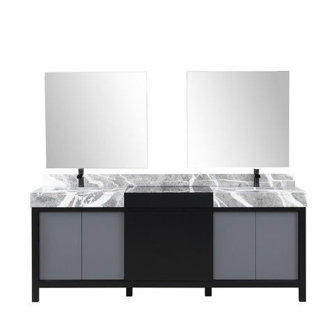 Image of Zilara 84" Black and Grey Double Vanity Set, Marble Top, Cascata Nera Matte Black Faucet Set | LZ342284DLISM34FCM