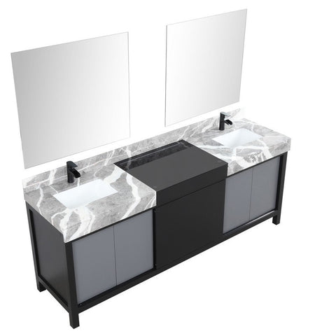Image of Zilara 84" Black and Grey Double Vanity Set, Marble Top, Cascata Nera Matte Black Faucet Set | LZ342284DLISM34FCM