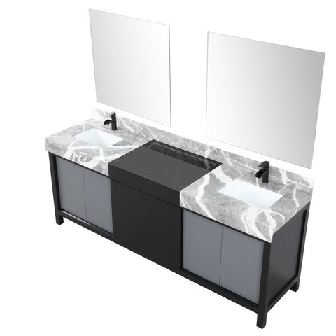 Image of Zilara 84" Black and Grey Double Vanity Set, Marble Top, Cascata Nera Matte Black Faucet Set | LZ342284DLISM34FCM