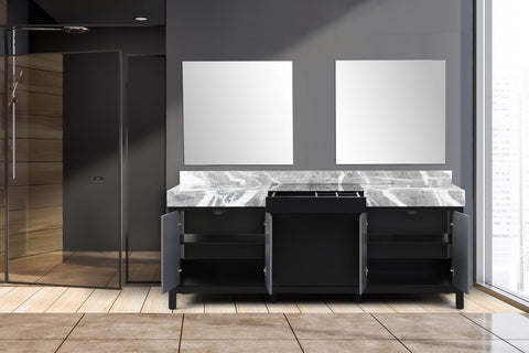 Image of Zilara 84" Black and Grey Double Vanity, Castle Grey Marble Top, and 34" Frameless Mirror | LZ342284DLISM34