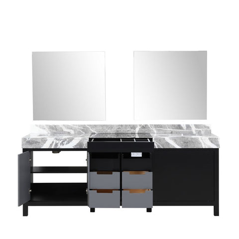 Image of Zilara 84" Black and Grey Double Vanity, Castle Grey Marble Top, and 34" Frameless Mirror | LZ342284DLISM34