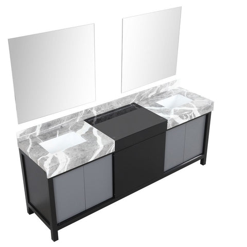 Image of Zilara 84" Black and Grey Double Vanity, Castle Grey Marble Top, and 34" Frameless Mirror | LZ342284DLISM34