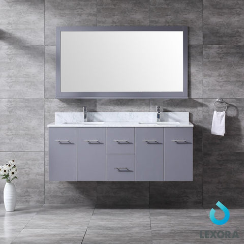 Image of Amelie 60" Dark Grey Double Vanity | White Carrara Marble Top | White Square Sinks and 60" Mirror