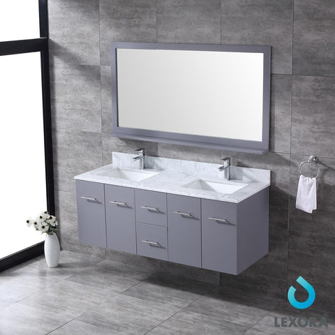 Image of Amelie 60" Dark Grey Double Vanity | White Carrara Marble Top | White Square Sinks and 60" Mirror