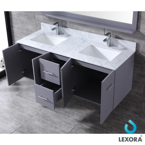 Image of Amelie 60" Dark Grey Double Vanity | White Carrara Marble Top | White Square Sinks and 60" Mirror
