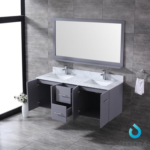 Image of Amelie 60" Dark Grey Double Vanity | White Carrara Marble Top | White Square Sinks and 60" Mirror