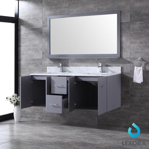 Image of Amelie 60" Dark Grey Double Vanity | White Carrara Marble Top | White Square Sinks and 60" Mirror