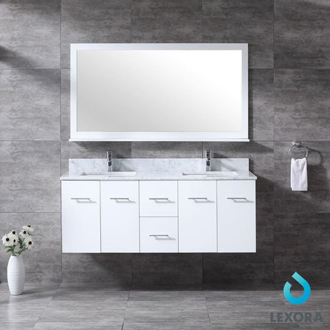 Image of Amelie 60" White Double Vanity | White Carrara Marble Top | White Square Sinks and 60" Mirror