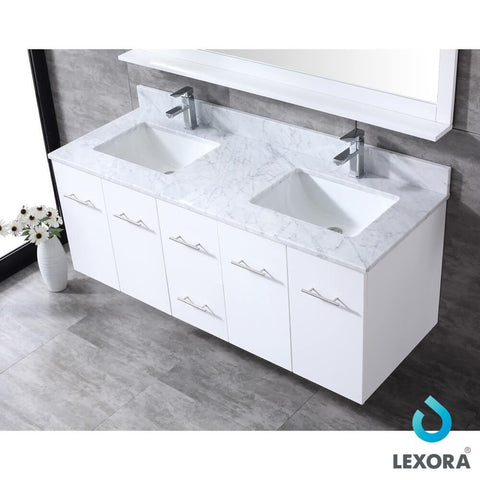Image of Amelie 60" White Double Vanity | White Carrara Marble Top | White Square Sinks and 60" Mirror