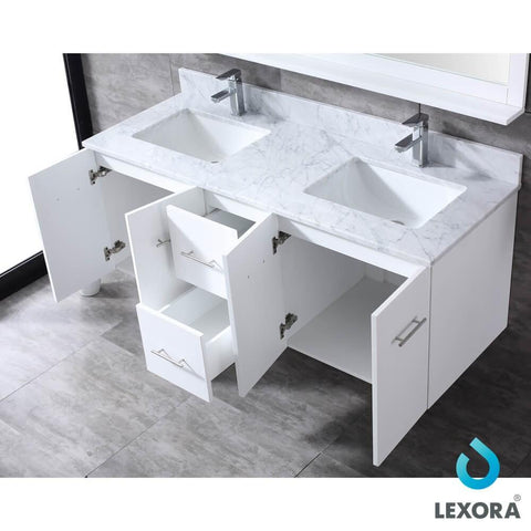 Image of Amelie 60" White Double Vanity | White Carrara Marble Top | White Square Sinks and 60" Mirror