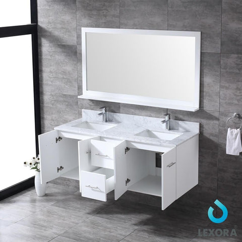 Image of Amelie 60" White Double Vanity | White Carrara Marble Top | White Square Sinks and 60" Mirror