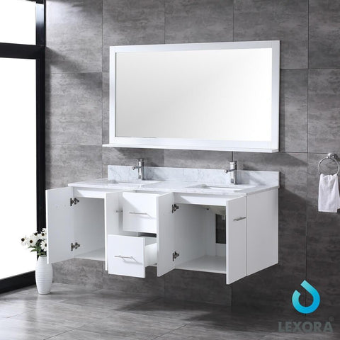 Image of Amelie 60" White Double Vanity | White Carrara Marble Top | White Square Sinks and 60" Mirror