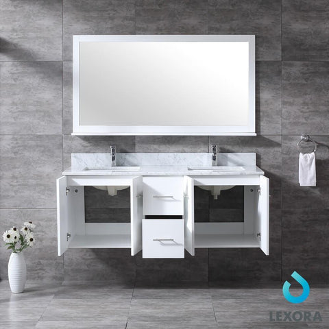 Image of Amelie 60" White Double Vanity | White Carrara Marble Top | White Square Sinks and 60" Mirror
