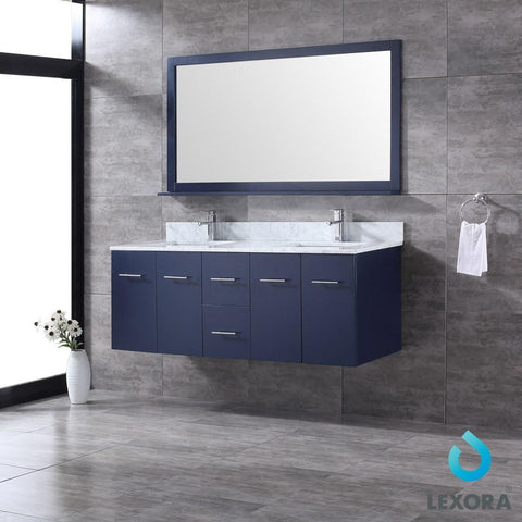 Image of Amelie 60" Navy Blue Double Vanity | White Carrara Marble Top | White Square Sinks and 60" Mirror