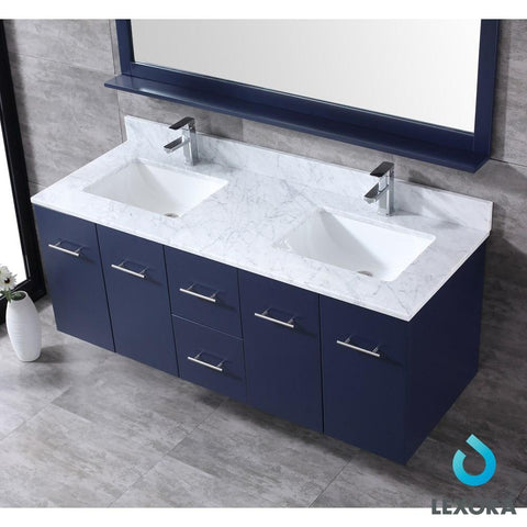 Image of Amelie 60" Navy Blue Double Vanity | White Carrara Marble Top | White Square Sinks and 60" Mirror
